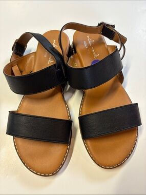 Mila Paoli Italy Black Leather Strap Flat Sandals Women Size 8.5